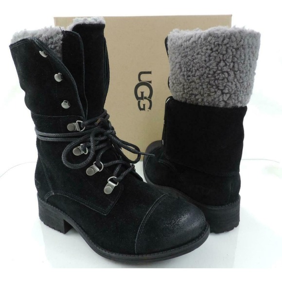 Authentic Women's UGG GRADIN Water Resistant Lace Up Mid-Calf Boots Black Size 6 - Picture 2 of 8